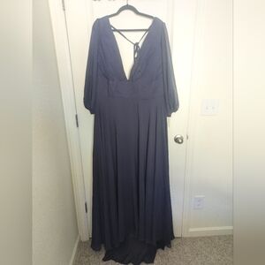 Navy Blue Bell Sleeve V-Neck Chiffon Bridesmaid Dress